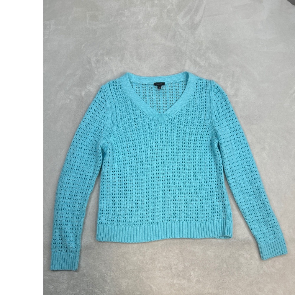 Talbots Sweater Women M Turquoise Blue Pointelle V-Neck Cotton Pullover Coastal